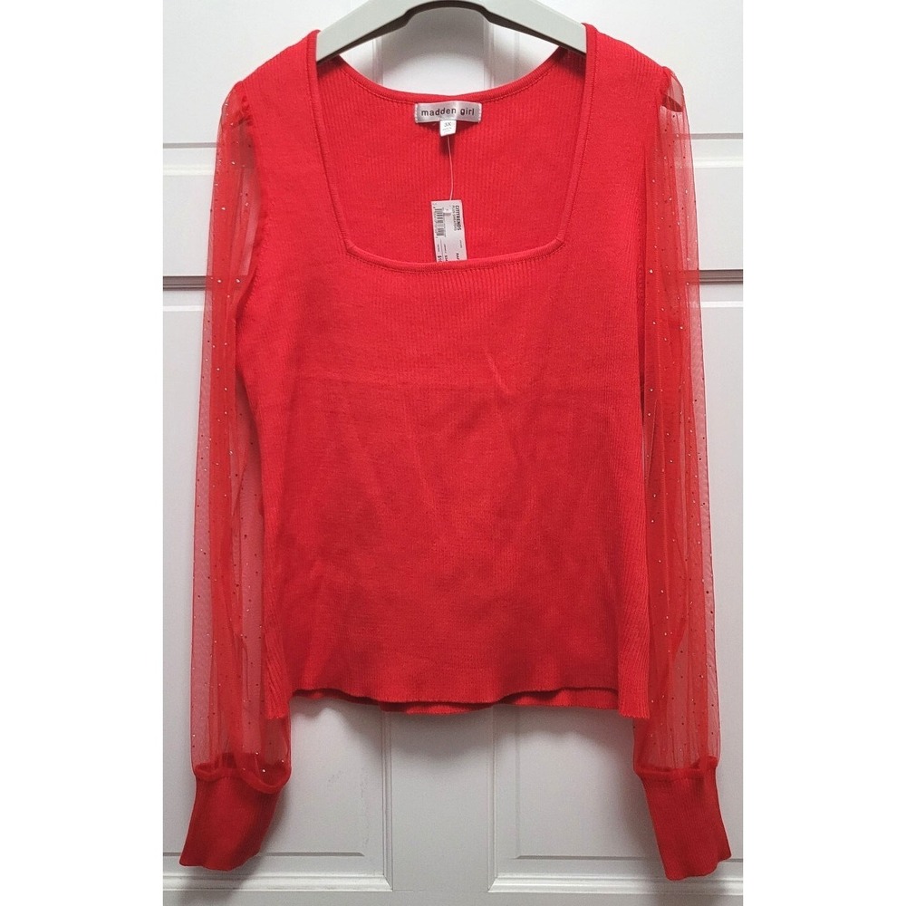 Madden Girl Women's Sheer Long Sleeve Rhinestones‎ Ribbed Top - Red - 1XL
